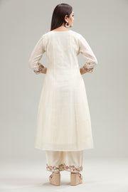 Off White Chanderi A Line Embroidered Kurta Pant Suit Set