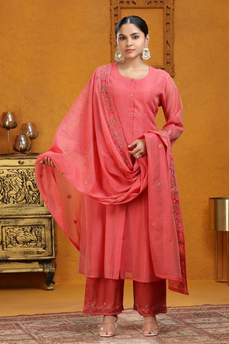 Peach Chanderi A Line Embroidered Kurta Pant and Dupatta Suit Set