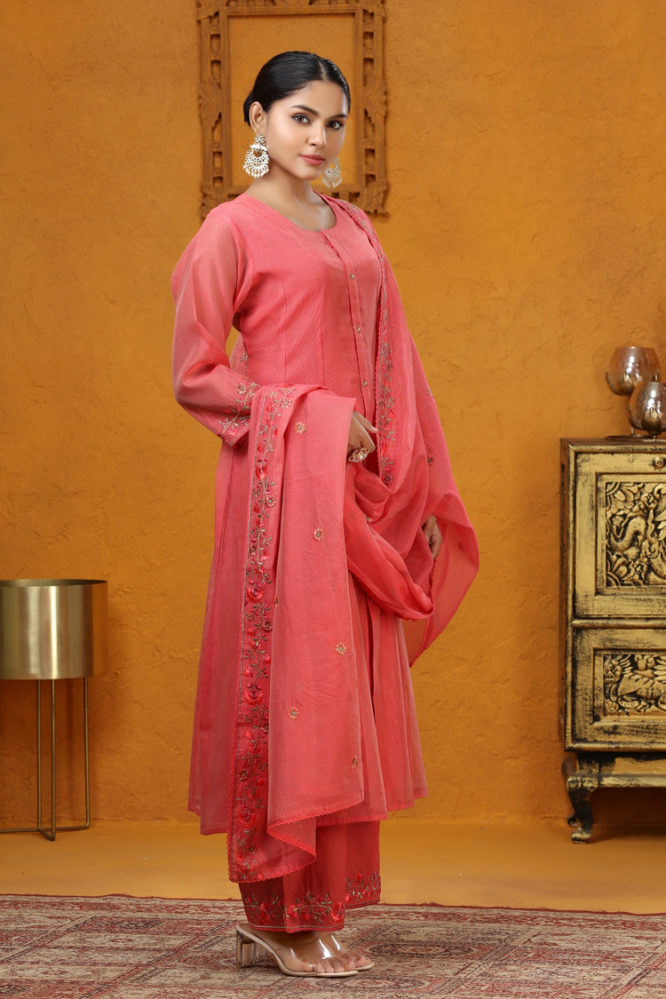 Peach Chanderi A Line Embroidered Kurta Pant and Dupatta Suit Set