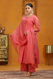 Peach Chanderi A Line Embroidered Kurta Pant and Dupatta Suit Set