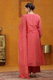 Peach Chanderi A Line Embroidered Kurta Pant and Dupatta Suit Set