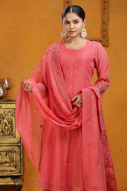 Peach Chanderi A Line Embroidered Kurta Pant and Dupatta Suit Set