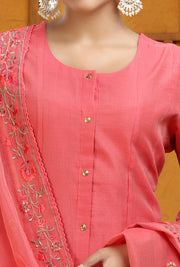 Peach Chanderi A Line Embroidered Kurta Pant and Dupatta Suit Set