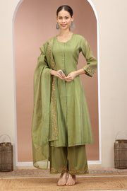 Pista Green Chanderi A Line Embroidered Kurta Pants and Dupatta Set for ladies