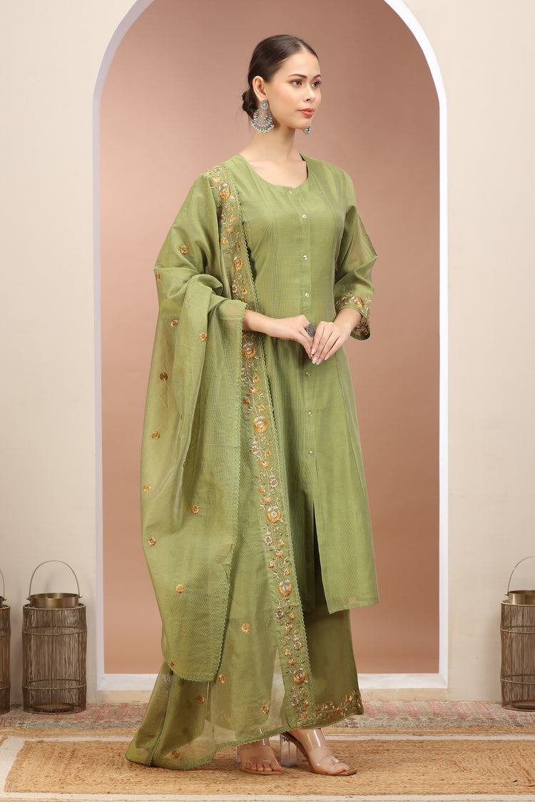 Pista Green Chanderi A Line Embroidered Kurta Pants and Dupatta Set for ladies