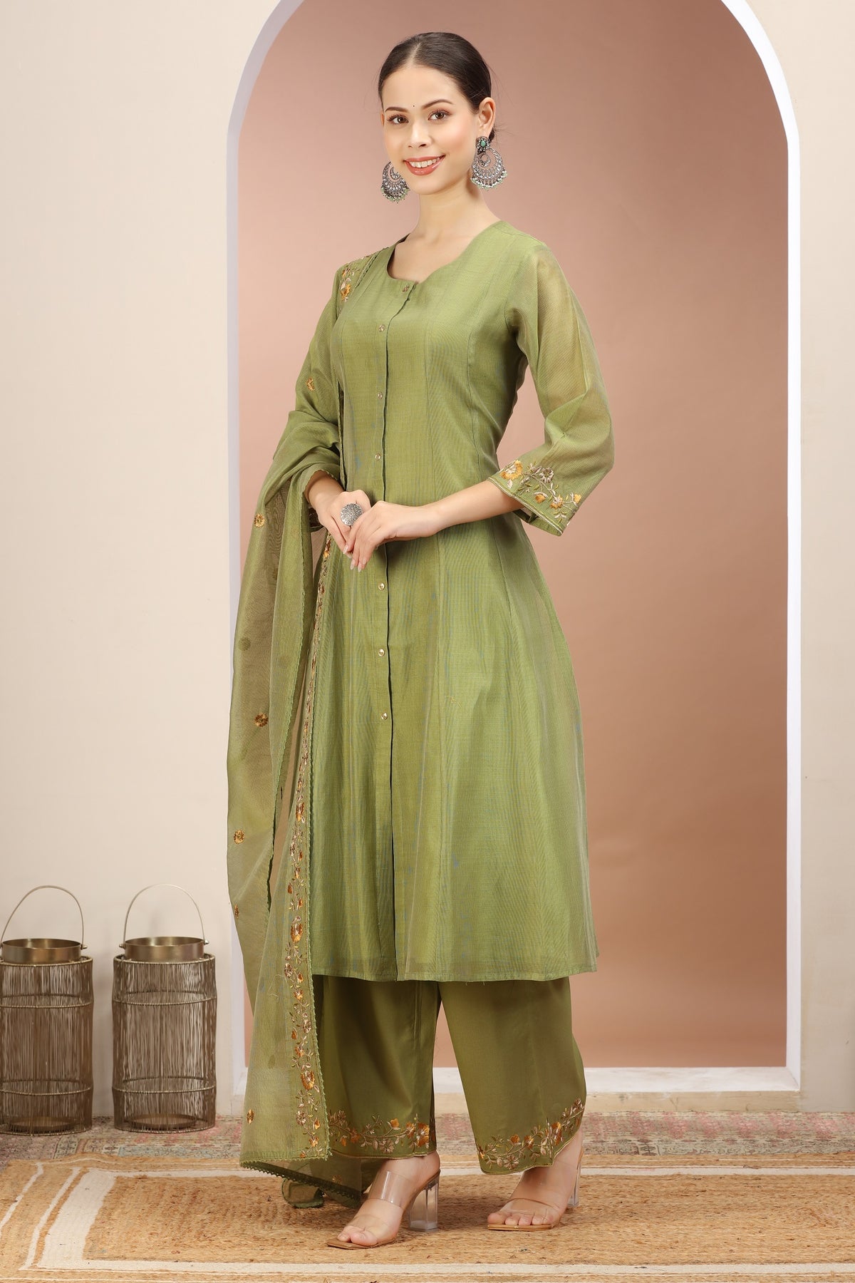 Pista Green Chanderi A Line Embroidered Kurta Pants and Dupatta Set for ladies