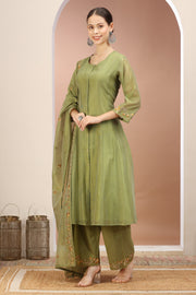 Pista Green Chanderi A Line Embroidered Kurta Pants and Dupatta Set for ladies