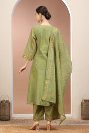 Pista Green Chanderi A Line Embroidered Kurta Pants and Dupatta Set for ladies