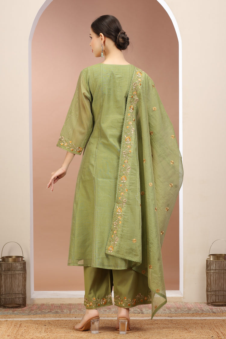 Pista Green Chanderi A Line Embroidered Kurta Pants and Dupatta Set for ladies