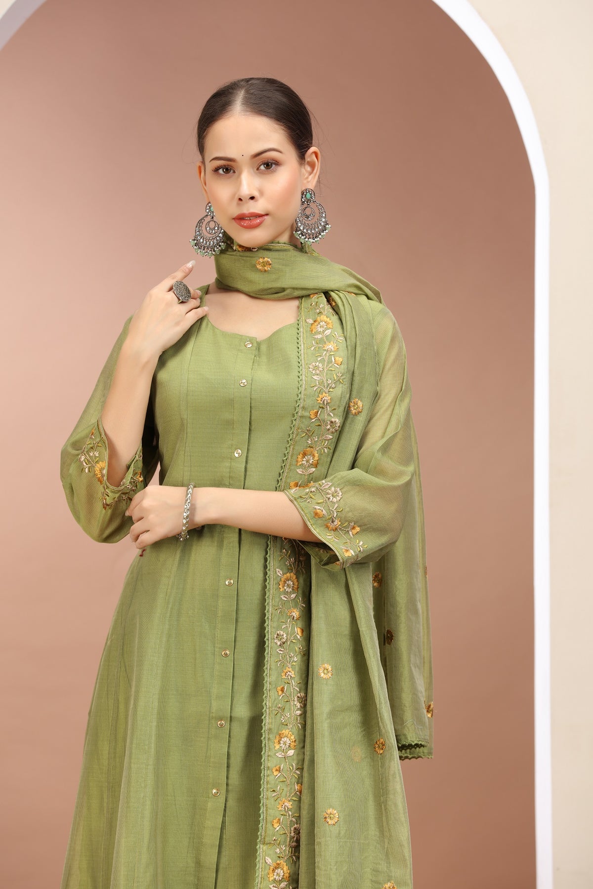 Pista Green Chanderi A Line Embroidered Kurta Pants and Dupatta Set for ladies