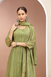 Pista Green Chanderi A Line Embroidered Kurta Pants and Dupatta Set for ladies