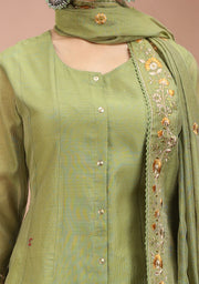 Pista Green Chanderi A Line Embroidered Kurta Pants and Dupatta Set for ladies