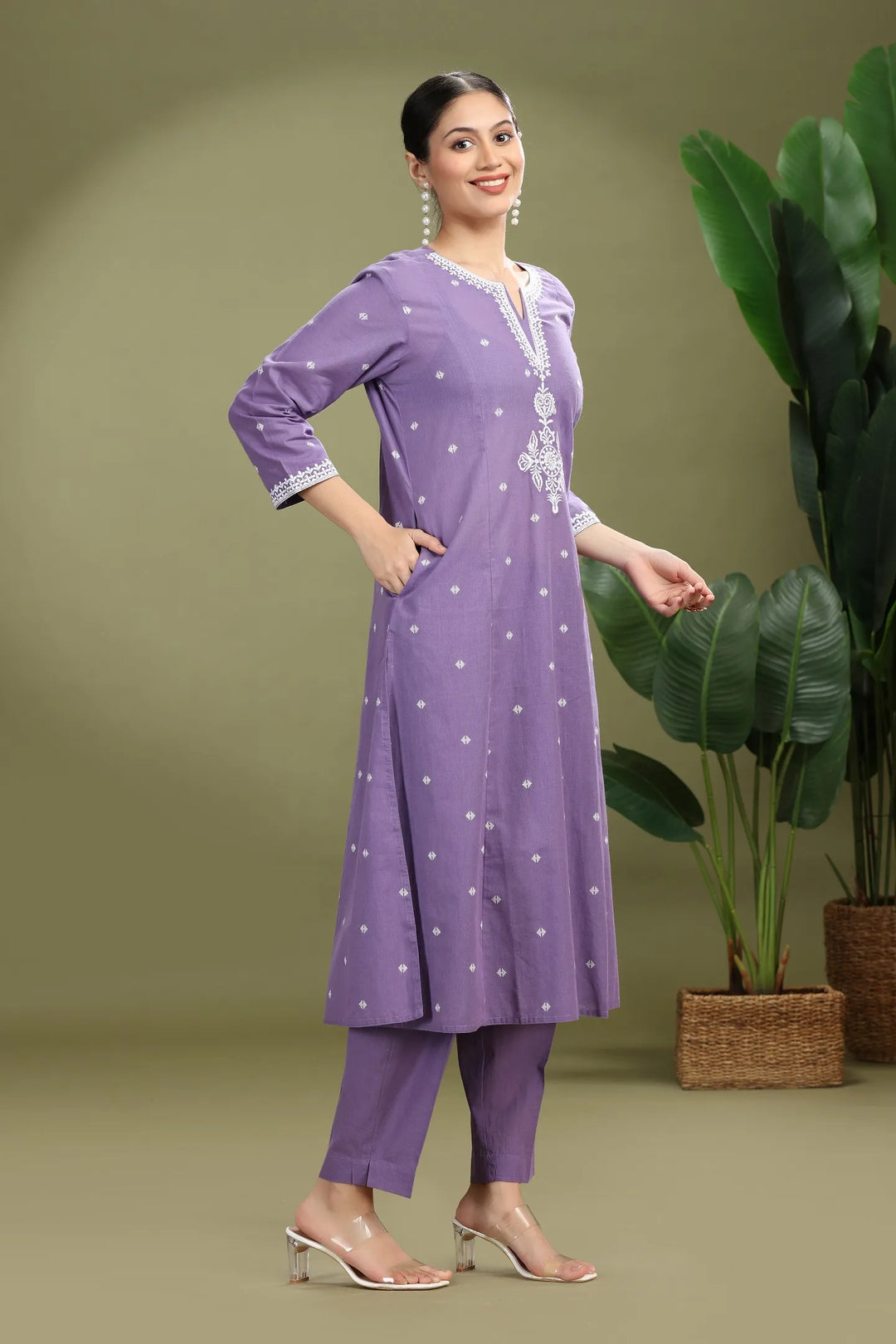 Lavender Handloom Cotton Embroidered A Line Kurta Pant Co ord Set