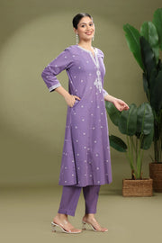 Lavender Handloom Cotton Embroidered A Line Kurta Pant Co ord Set