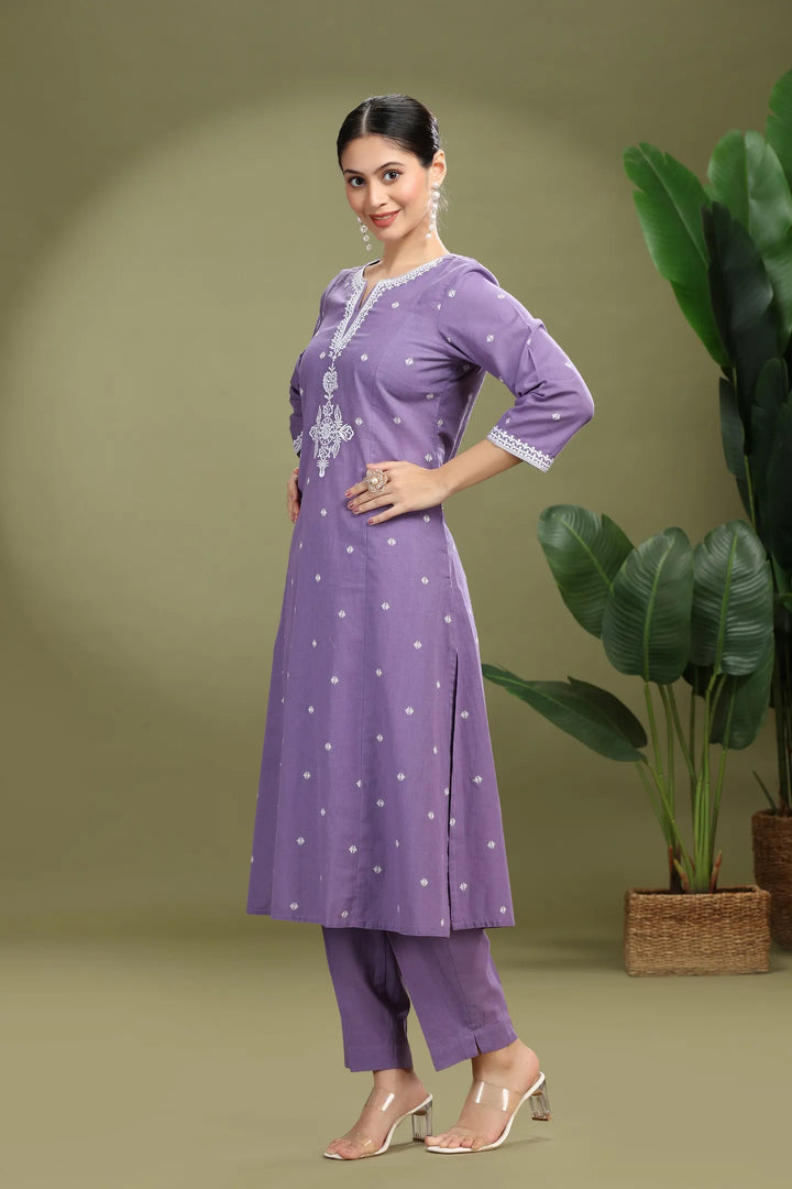 Lavender Handloom Cotton Embroidered A Line Kurta Pant Co ord Set