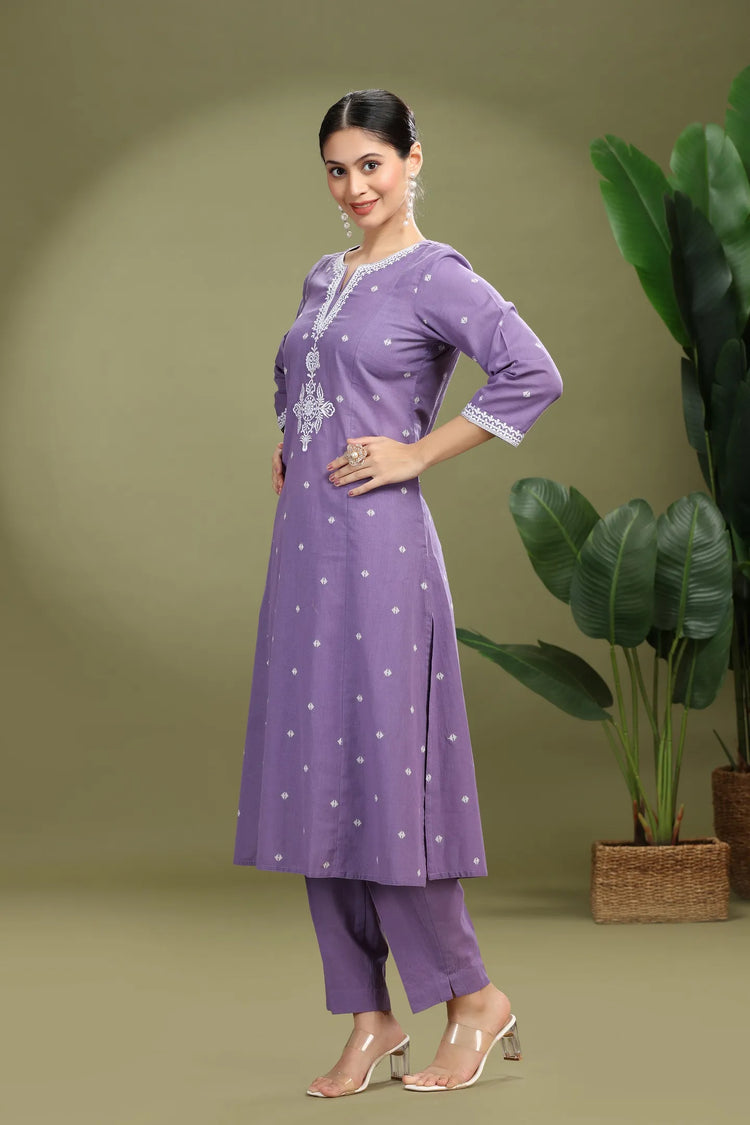Lavender Handloom Cotton Embroidered A Line Kurta Pant Co ord Set