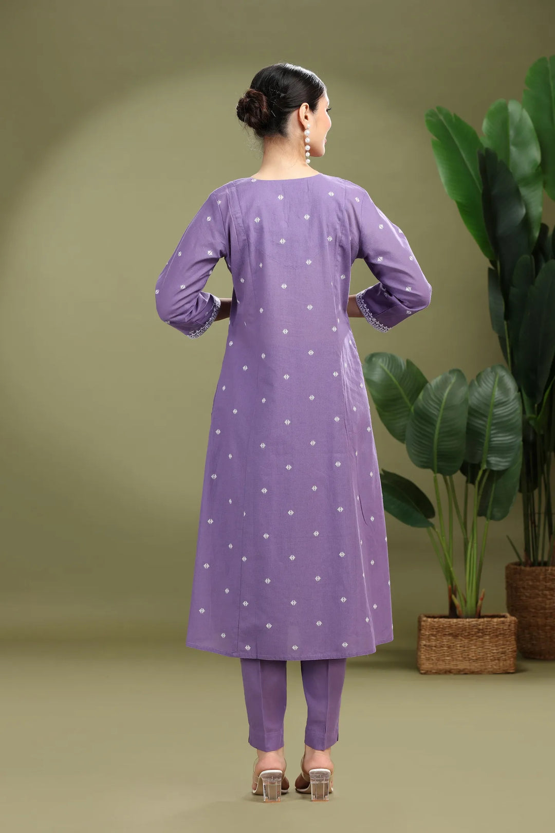 Lavender Handloom Cotton Embroidered A Line Kurta Pant Co ord Set