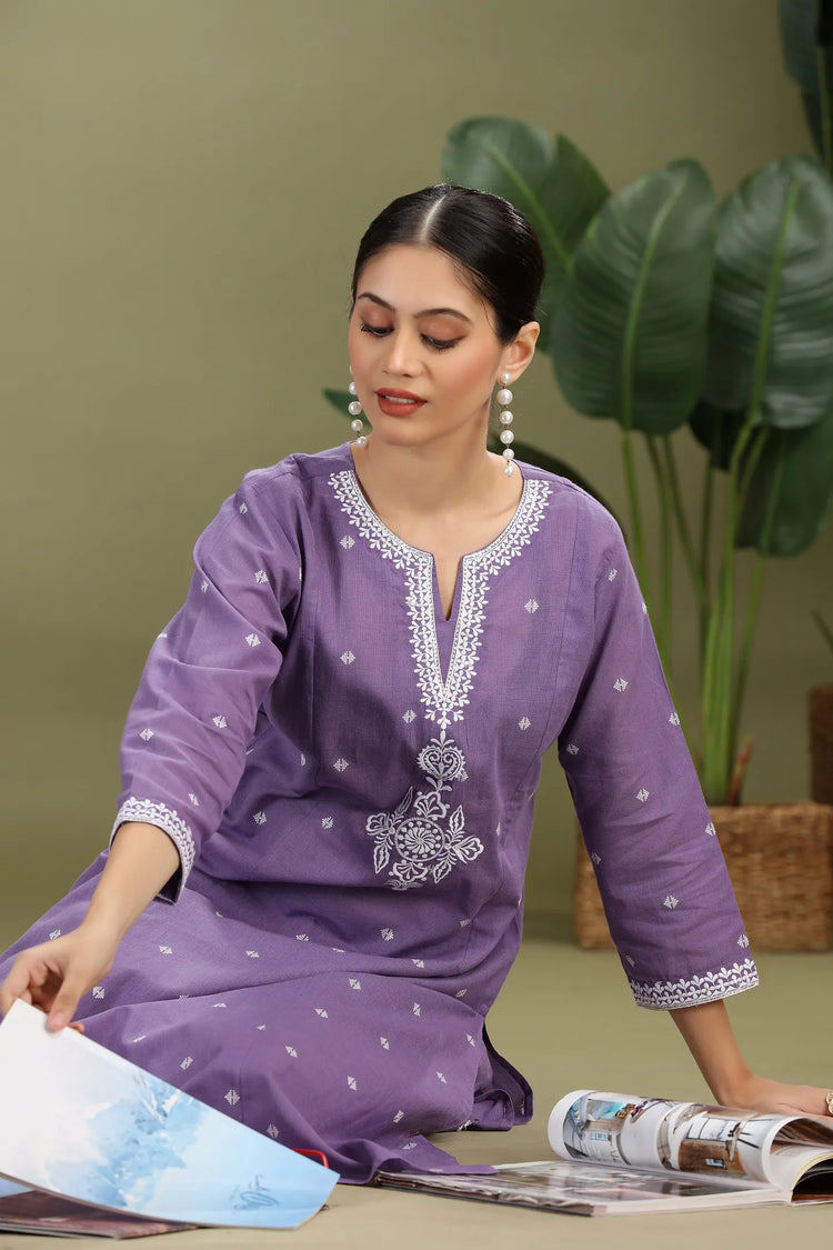 Lavender Handloom Cotton Embroidered A Line Kurta Pant Co ord Set