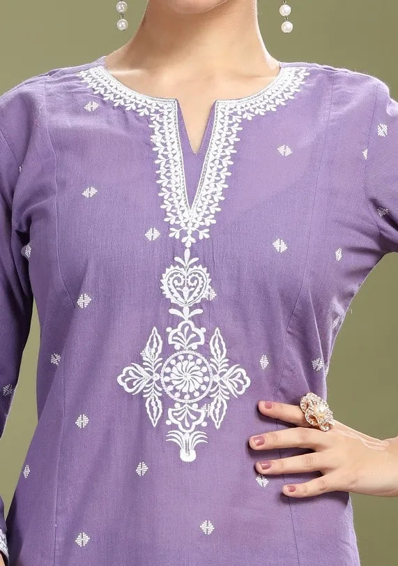 Lavender Handloom Cotton Embroidered A Line Kurta Pant Co ord Set