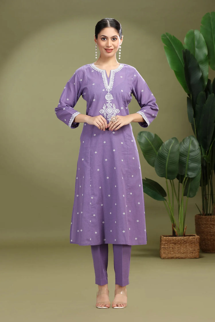 Lavender Handloom Cotton Embroidered A Line Kurta Pant Co ord Set