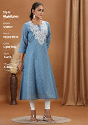 Light Blue Embroidered A-Line Cotton Kurta