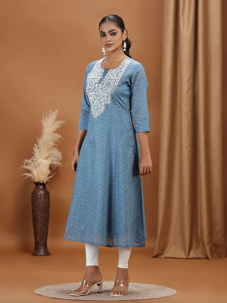 Light Blue Embroidered A-Line Cotton Kurta