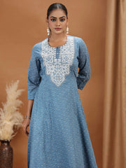 Light Blue Embroidered A-Line Cotton Kurta