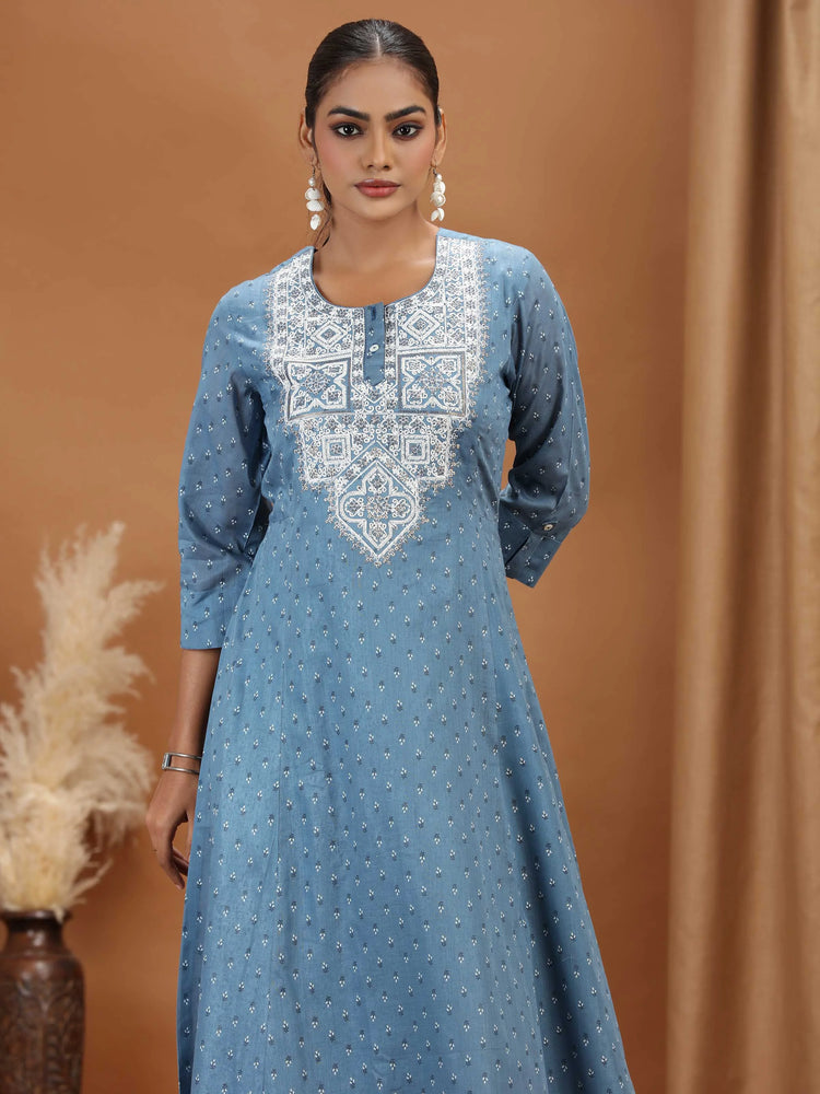 Light Blue Embroidered A-Line Cotton Kurta
