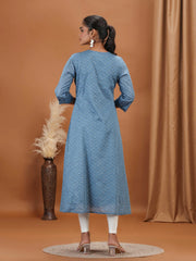 Light Blue Embroidered A-Line Cotton Kurta