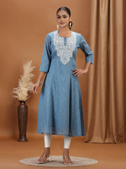 Light Blue Embroidered A-Line Cotton Kurta