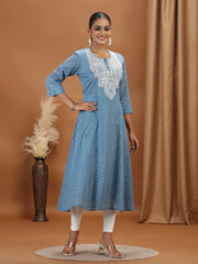 Light Blue Embroidered A-Line Cotton Kurta
