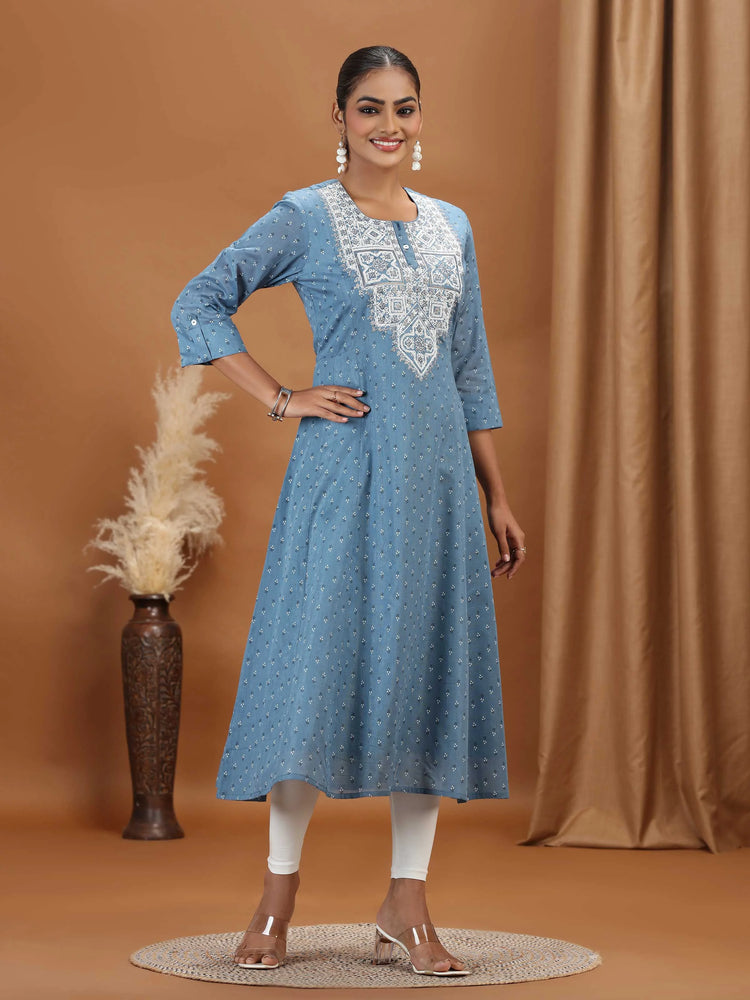 Light Blue Embroidered A-Line Cotton Kurta