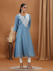 Light Blue Embroidered A-Line Cotton Kurta