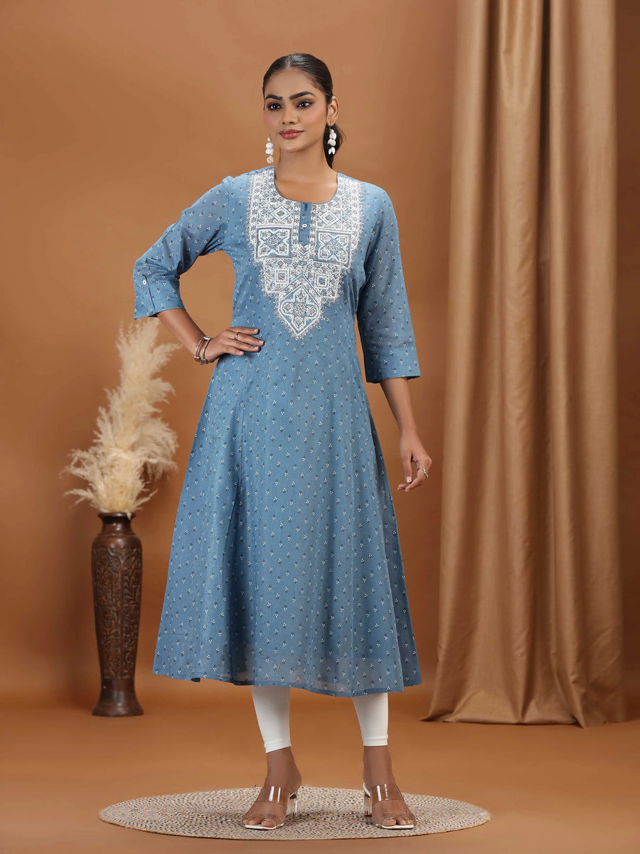 Light Blue Embroidered A-Line Cotton Kurta