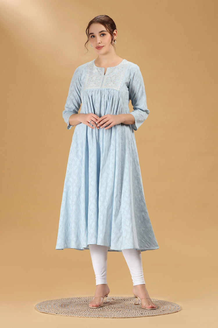 Light Blue Embroidered Jacquard Cotton A Line Kurta for women