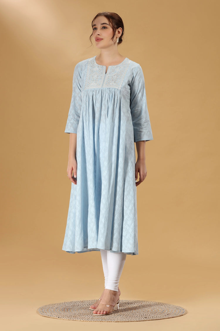 Light Blue Embroidered Jacquard Cotton A Line Kurta for women