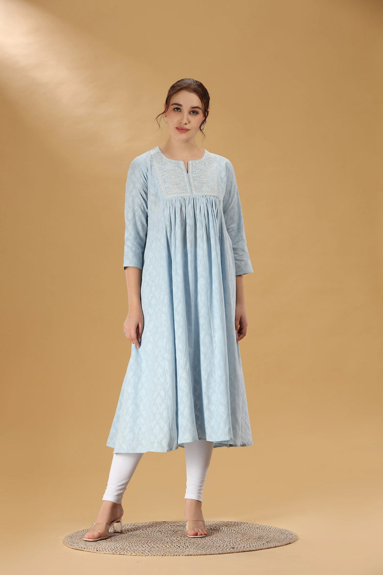 Light Blue Embroidered Jacquard Cotton A Line Kurta for women