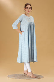 Light Blue Embroidered Jacquard Cotton A Line Kurta for women