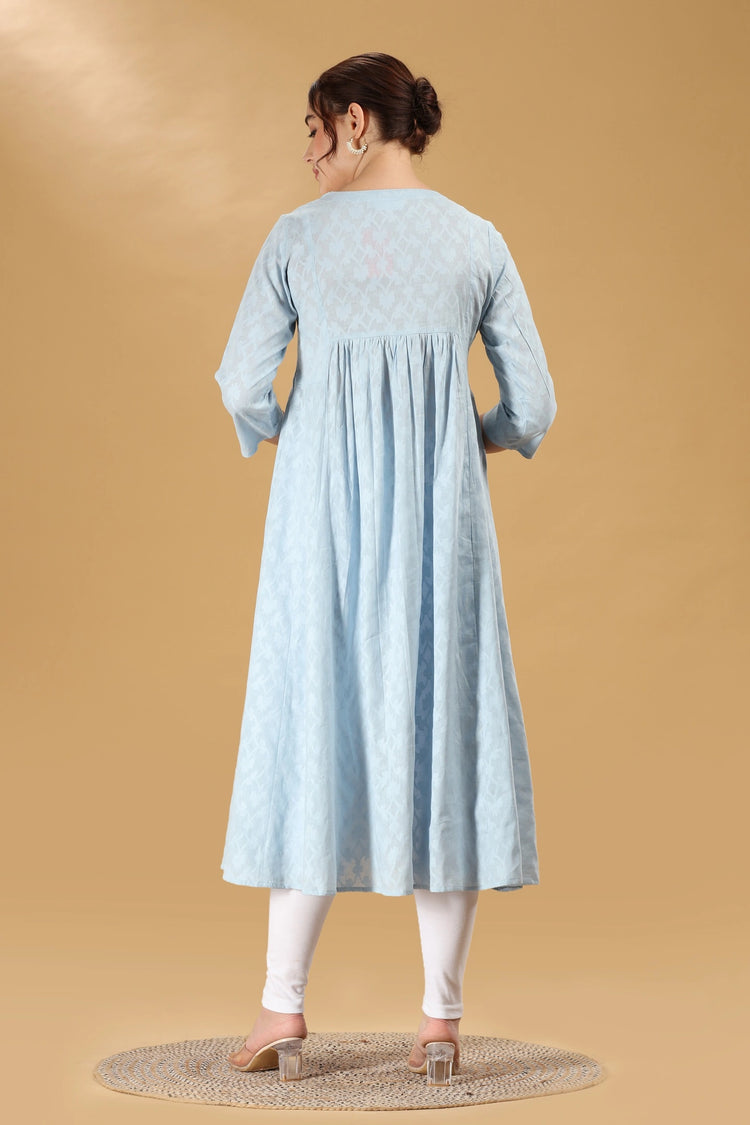 Light Blue Embroidered Jacquard Cotton A Line Kurta for women