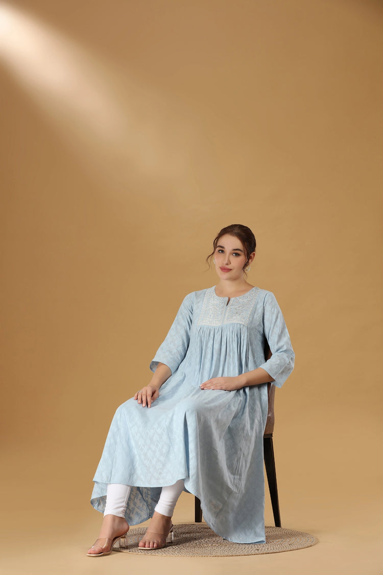 Light Blue Embroidered Jacquard Cotton A Line Kurta for women