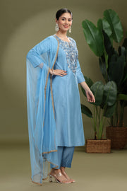 Light Blue PolySilk Embroidered A Line Kurta Pant and Dupatta Suit Set