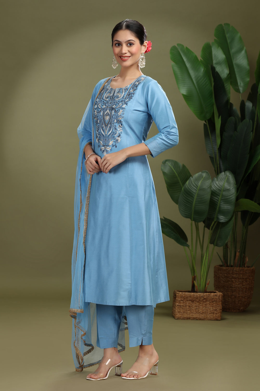 Light Blue PolySilk Embroidered A Line Kurta Pant and Dupatta Suit Set