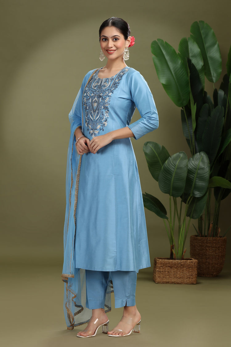 Light Blue PolySilk Embroidered A Line Kurta Pant and Dupatta Suit Set