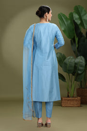 Light Blue PolySilk Embroidered A Line Kurta Pant and Dupatta Suit Set