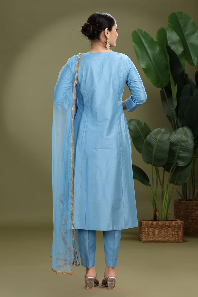 Light Blue PolySilk Embroidered A Line Kurta Pant and Dupatta Suit Set