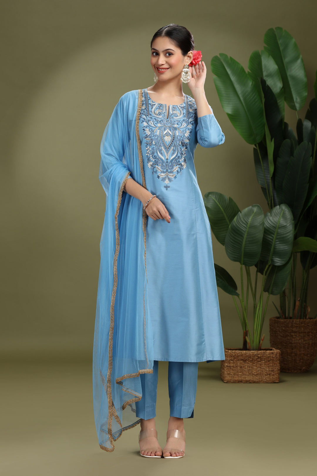 Light Blue PolySilk Embroidered A Line Kurta Pant and Dupatta Suit Set