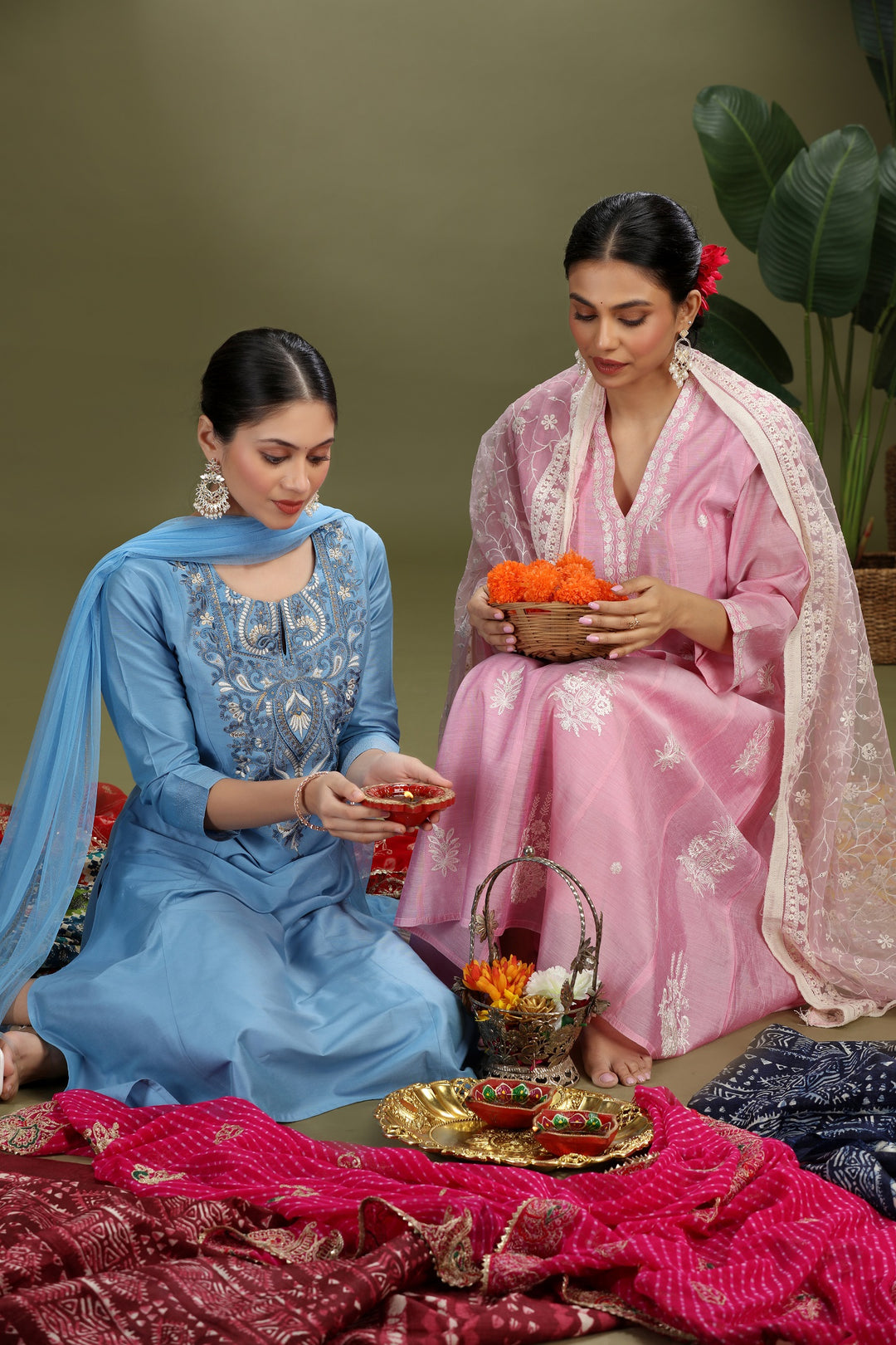 Light Blue PolySilk Embroidered A Line Kurta Pant and Dupatta Suit Set