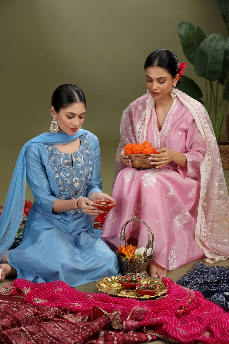 Light Blue PolySilk Embroidered A Line Kurta Pant and Dupatta Suit Set