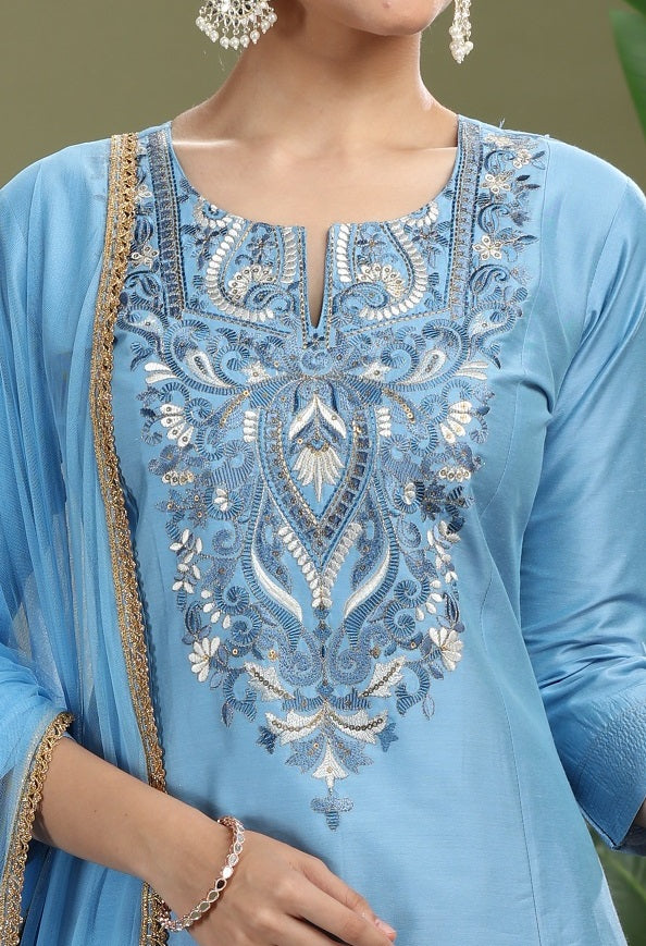 Light Blue PolySilk Embroidered A Line Kurta Pant and Dupatta Suit Set