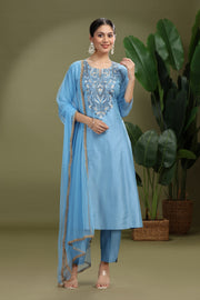 Light Blue PolySilk Embroidered A Line Kurta Pant and Dupatta Suit Set